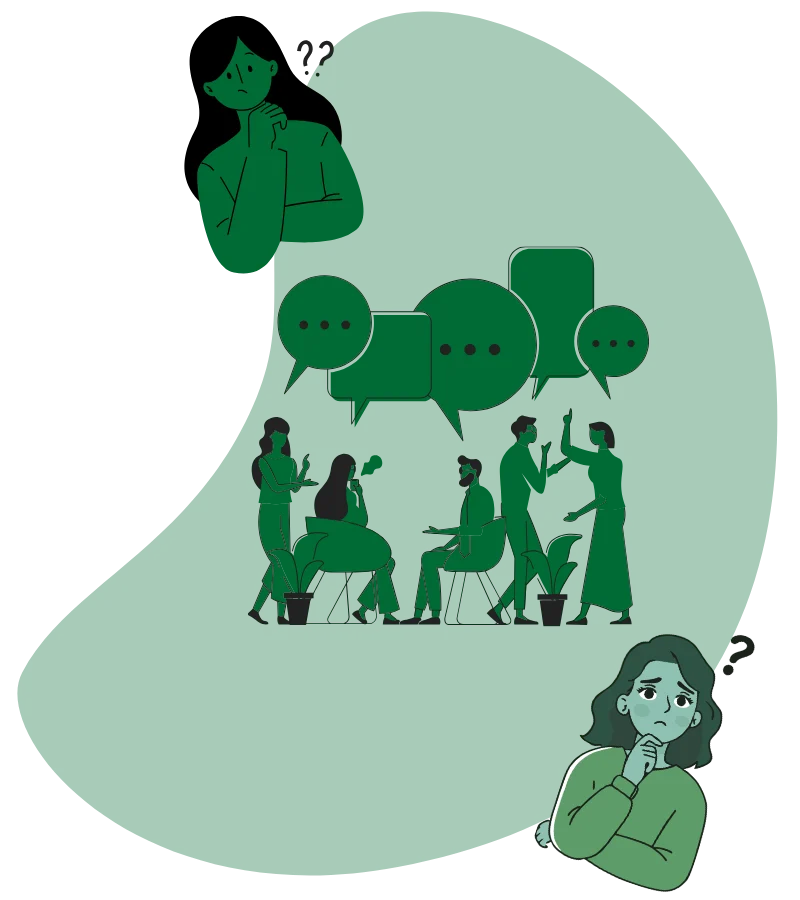 Illustration of multiple people discussing and solving SEO questions and business growth