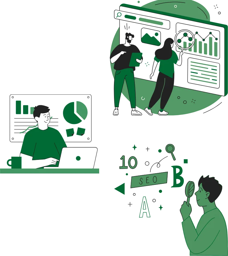 SEO agency illustration representing the analysis of website performance and organic search engine results.