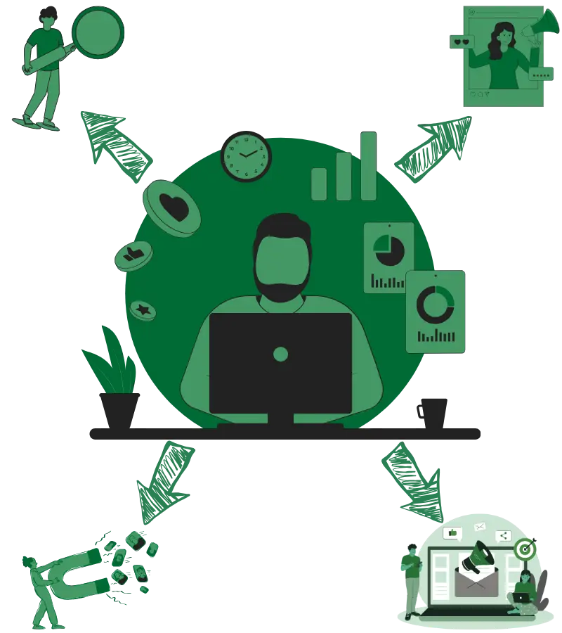 Illustration of a Thrive SEO NYC analyst using data to drive lead generation, brand authority, organic traffic, and website performance for New York businesses.