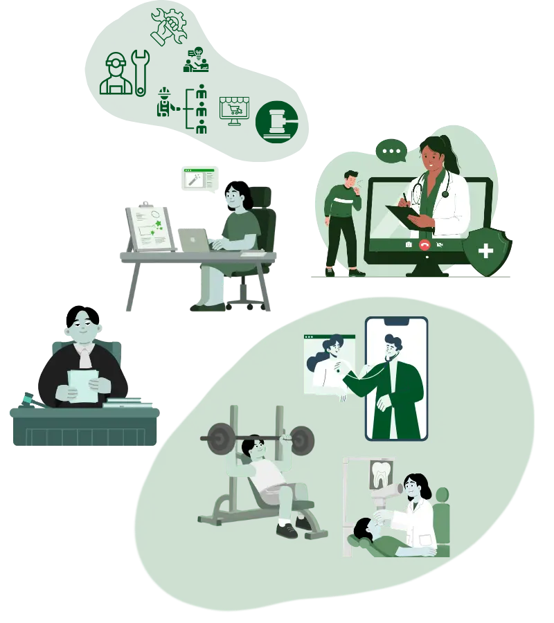 Illustration showing types of Brooklyn service businesses benefiting from SEO including contractors, dentists, law firms, fitness studios, and home improvement companies to increase local visibility and leads