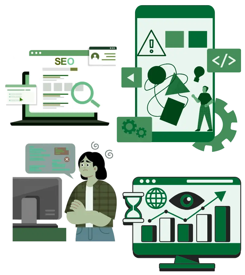 Illustration showing common SEO problems for Queens contractors including weak service targeting, generic pages, poor mobile experience, and missing project proof content