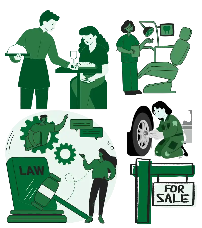 Illustration showing industries in Queens that benefit from SEO including restaurants, auto repair shops, dentists, law firms, contractors, and local service businesses