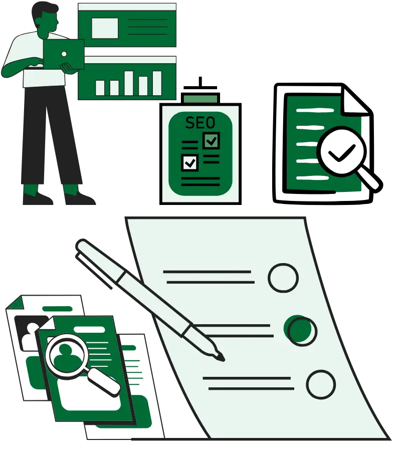 Illustration showing what an SEO audit should uncover, including technical blockers, indexation issues, content gaps and internal linking problems