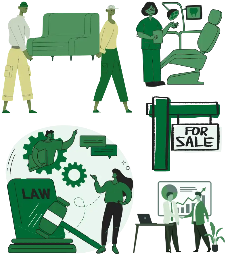 Illustration showing multiple industries supported by local SEO in NYC, including law firms, healthcare practices, home service companies, real estate, marketing agencies, contractors, and multi-location businesses