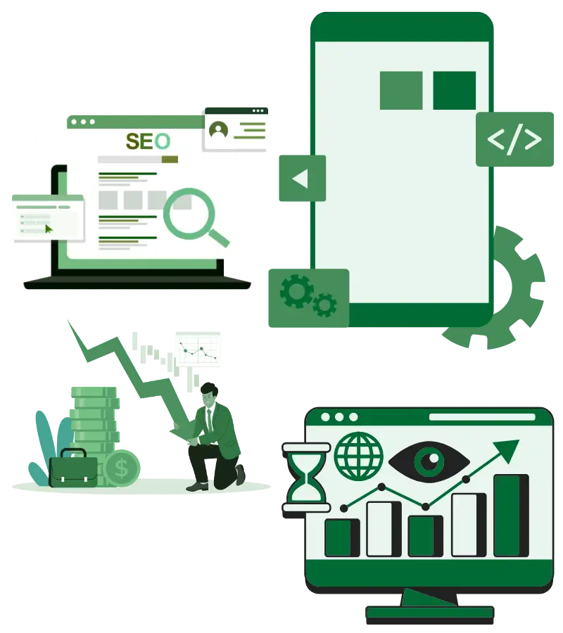 Illustration showing common SEO issues such as traffic drops, flat rankings, site complexity, and uncertainty, highlighting the need for a detailed SEO audit and expert analysis