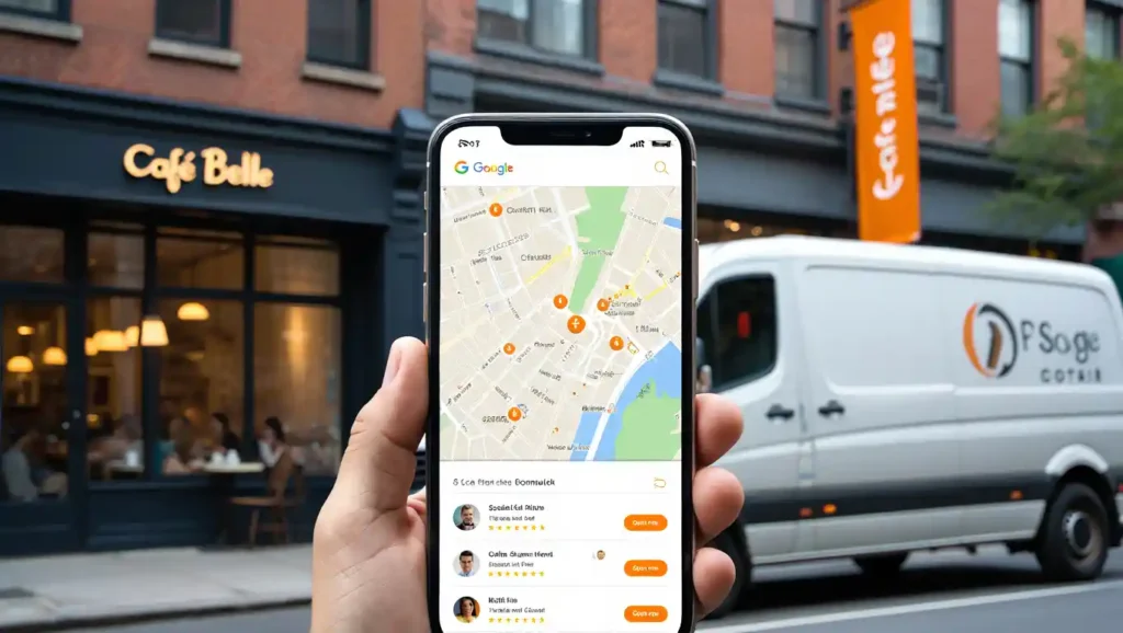 Smartphone displaying Google-style local search results beside storefront and service-area businesses in an urban environment