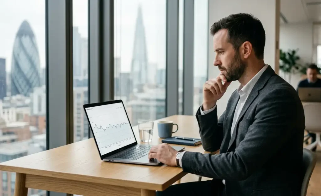 A business professional reviewing a stagnant SEO analytics graph on a laptop, evaluating whether poor results are caused by agency failure or SEO limitations.