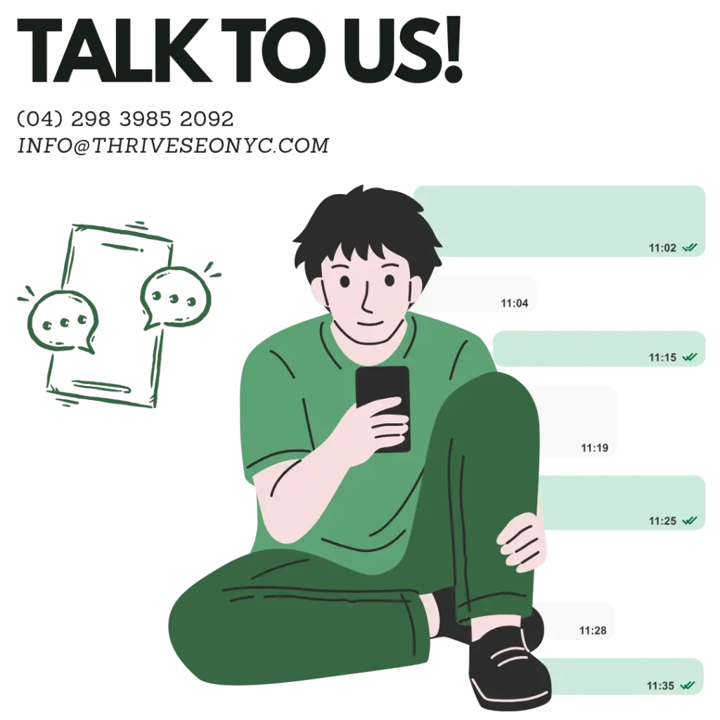 Illustration of the Thrive SEO NYC team available via WhatsApp, phone, and email.