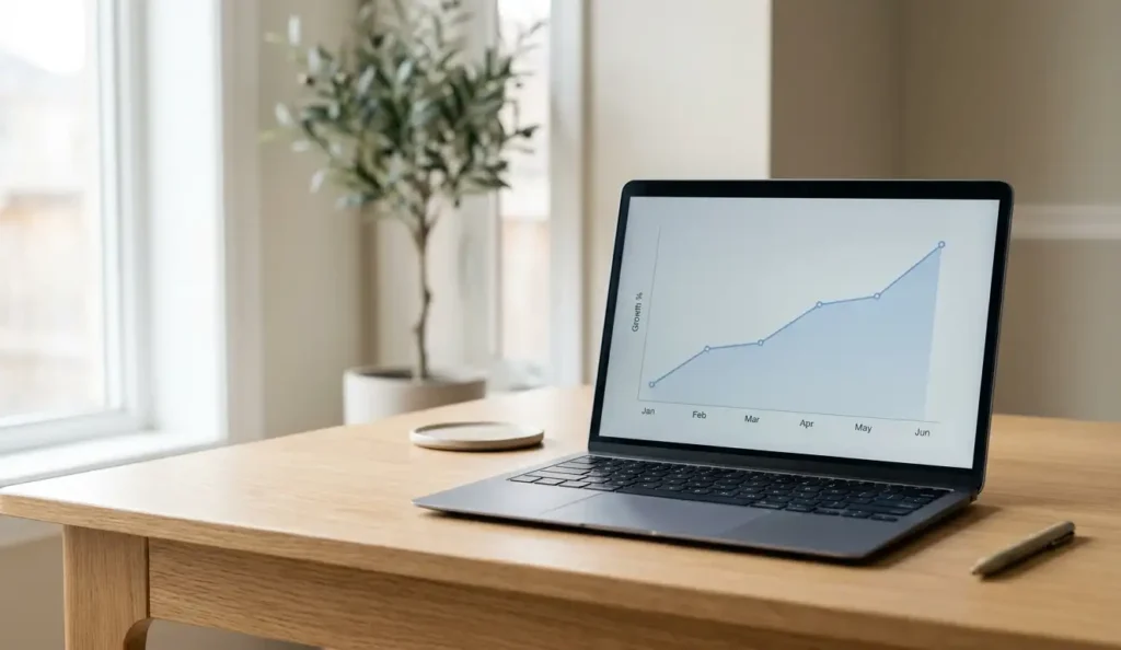 Marketing professional analyzing SEO campaign performance data on a screen, comparing successful and failing results