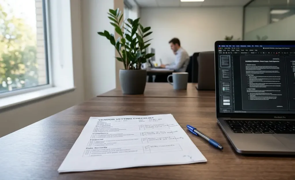 A printed vetting checklist and pen on a desk beside a laptop displaying a business proposal document.