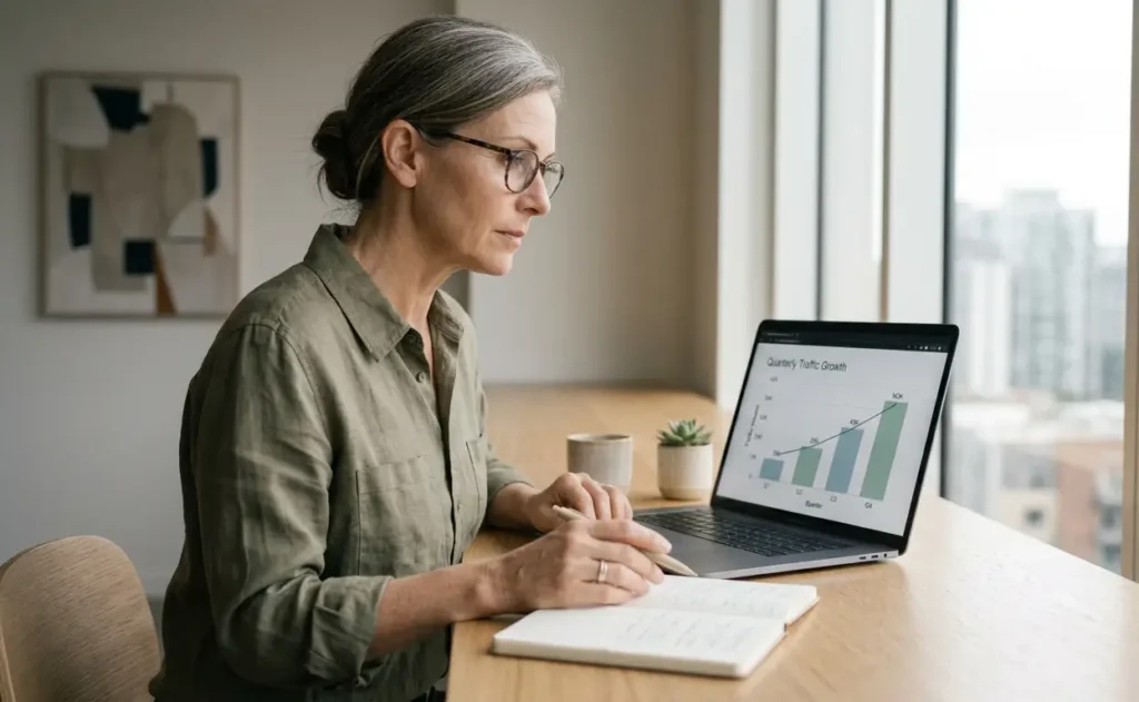 A business owner reviewing a website traffic growth chart on a laptop to evaluate whether SEO is paying off.