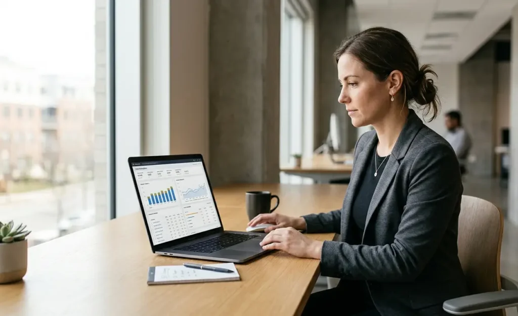 A marketing professional reviewing search performance analytics on a laptop to check whether an SEO campaign is healthy or stalled.