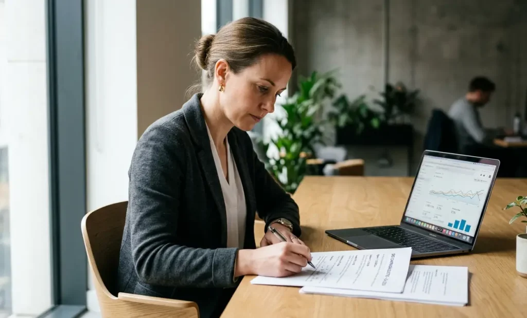 A business owner comparing printed SEO pricing quotes next to a laptop showing analytics charts on an office desk.