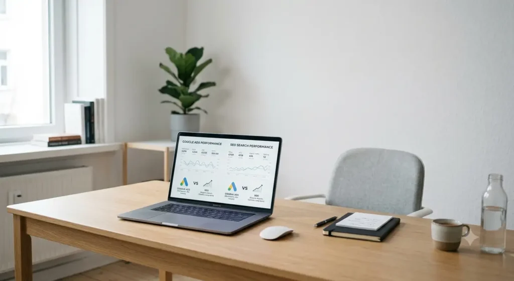 A laptop screen split between a paid ads dashboard and an organic SEO analytics dashboard, comparing performance side by side.