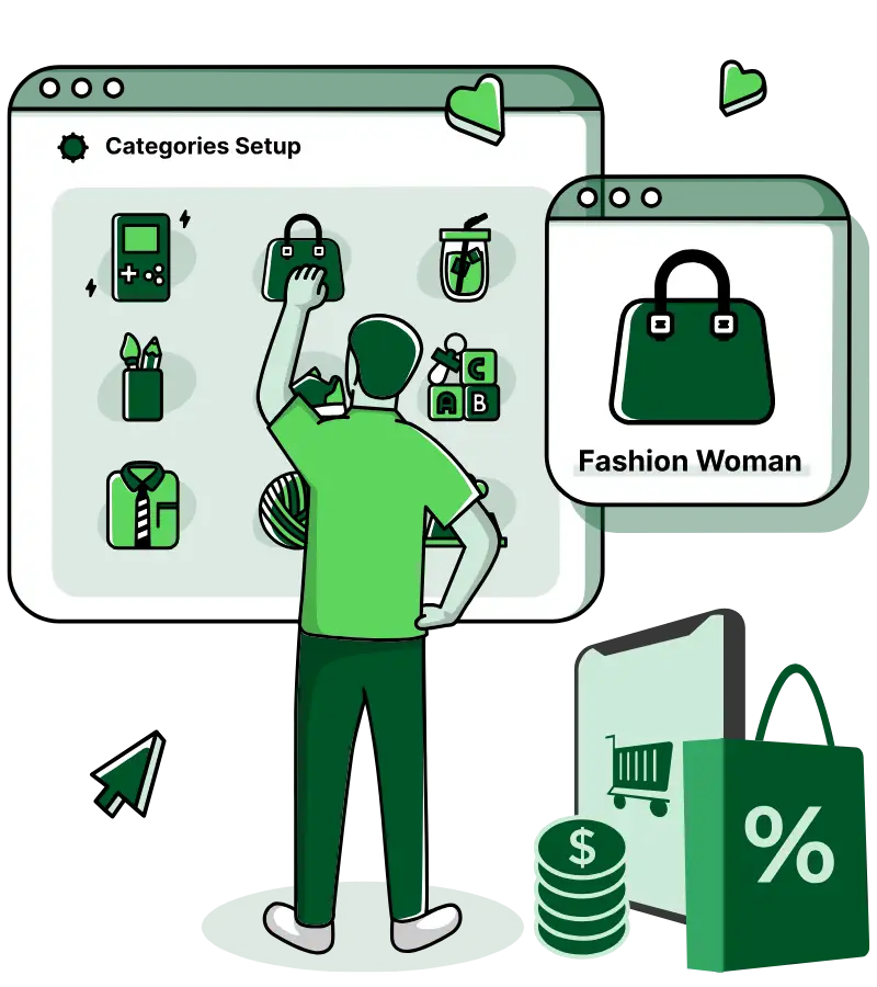 Illustration showing how ecommerce development creates fast, scalable online stores that drive sales and business growth.