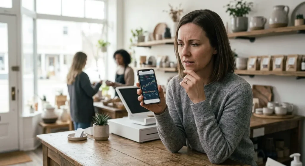 A business owner checking their PPC campaign performance on a phone, noticing signs something may be wrong.
