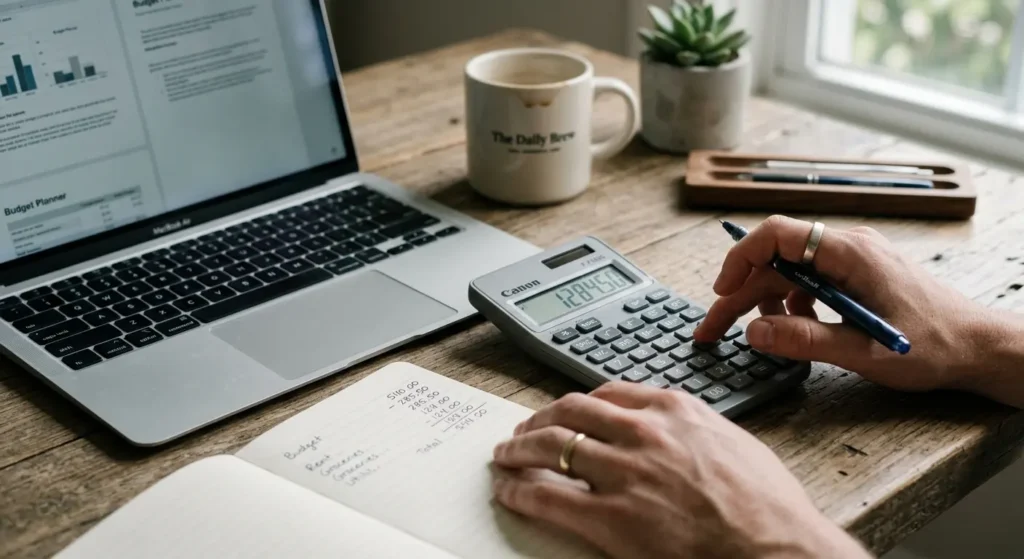 Comparing PPC management pricing models using a calculator and budget notes.