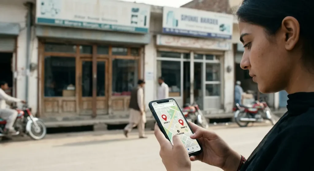 Customer comparing local businesses on a map app before choosing where to go