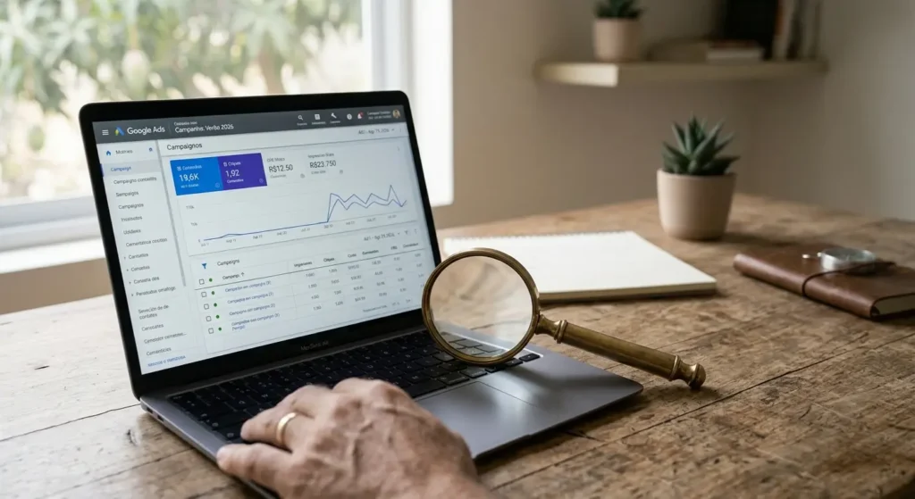 A magnifying glass resting beside a laptop showing a Google Ads dashboard, representing scrutinizing real performance versus vanity metrics.