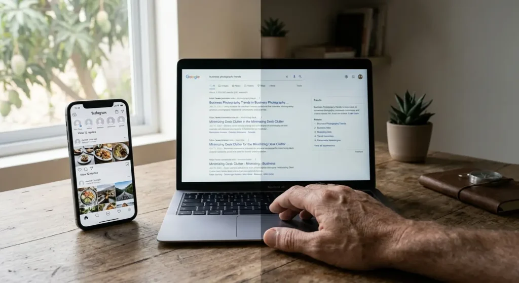 A smartphone showing a social feed beside a laptop showing search results, representing the choice between Meta Ads and Google Ads budget.