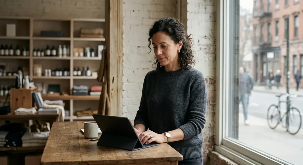 Small business owner responding to reviews from behind the counter of an NYC storefront