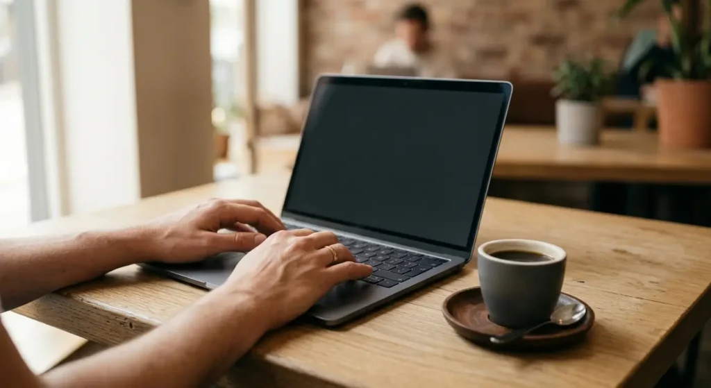 Business owner typing a calm, considered response to a negative review