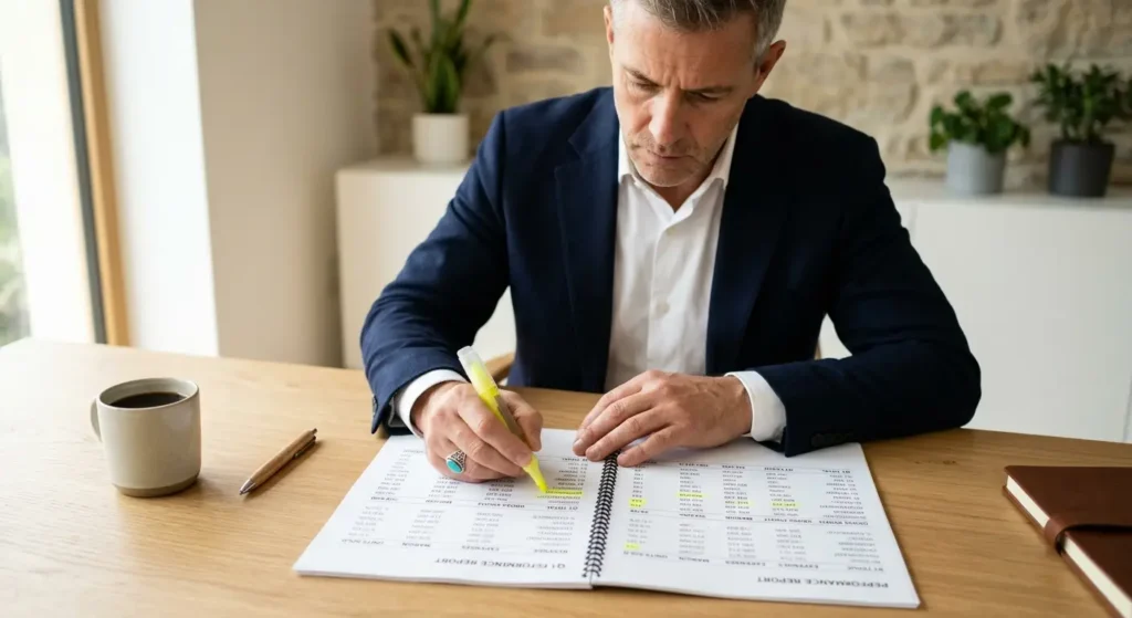 Business owner checking real reputation management performance metrics