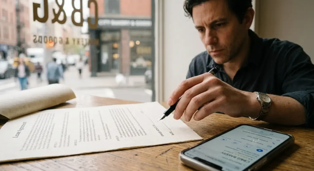 Business owner pausing before signing a contract with a local SEO agency
