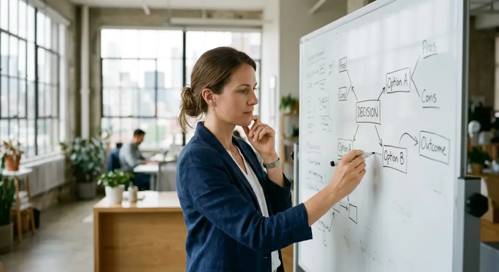 A New York City business owner comparing PPC management options at a whiteboard.