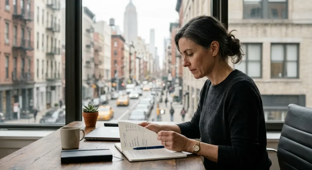 A New York City business owner planning a realistic Google Ads budget at a desk.