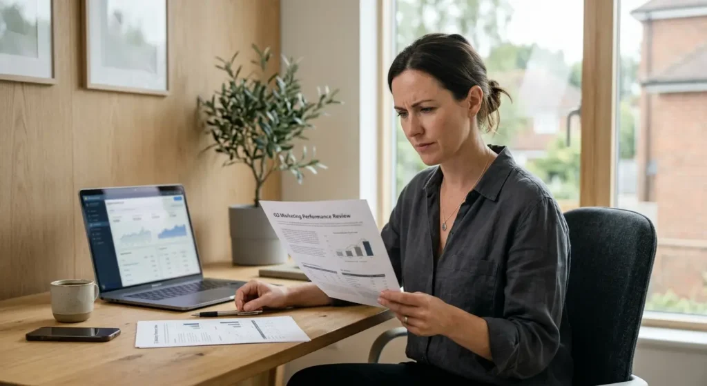 A New York City business owner closely reviewing a PPC agency's performance report at a desk.