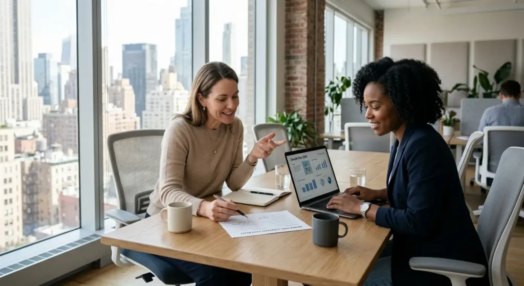 A New York City business owner reviewing a PPC agency vetting checklist with a marketing consultant during an in-person consultation.