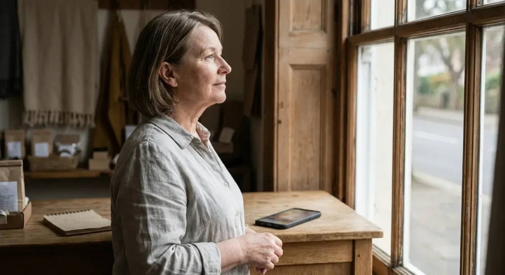 Small business owner taking a calm moment of perspective after receiving a negative review
