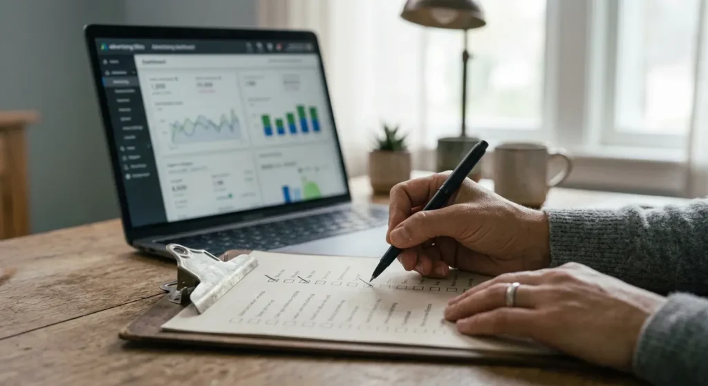 Checking off items on a printed PPC account audit checklist next to a laptop.