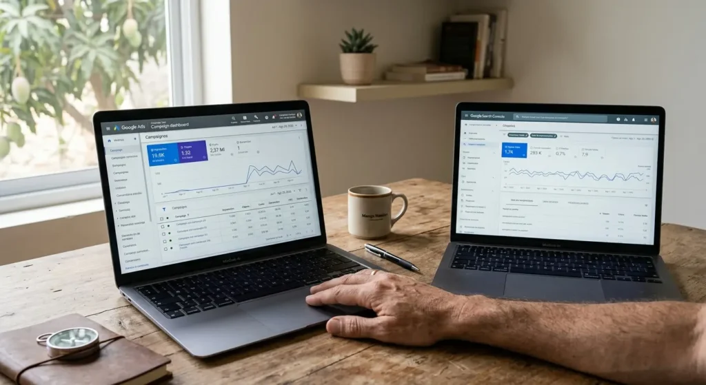 Business owner's hand between two laptops showing a Google Ads dashboard and an organic search analytics dashboard side by side.