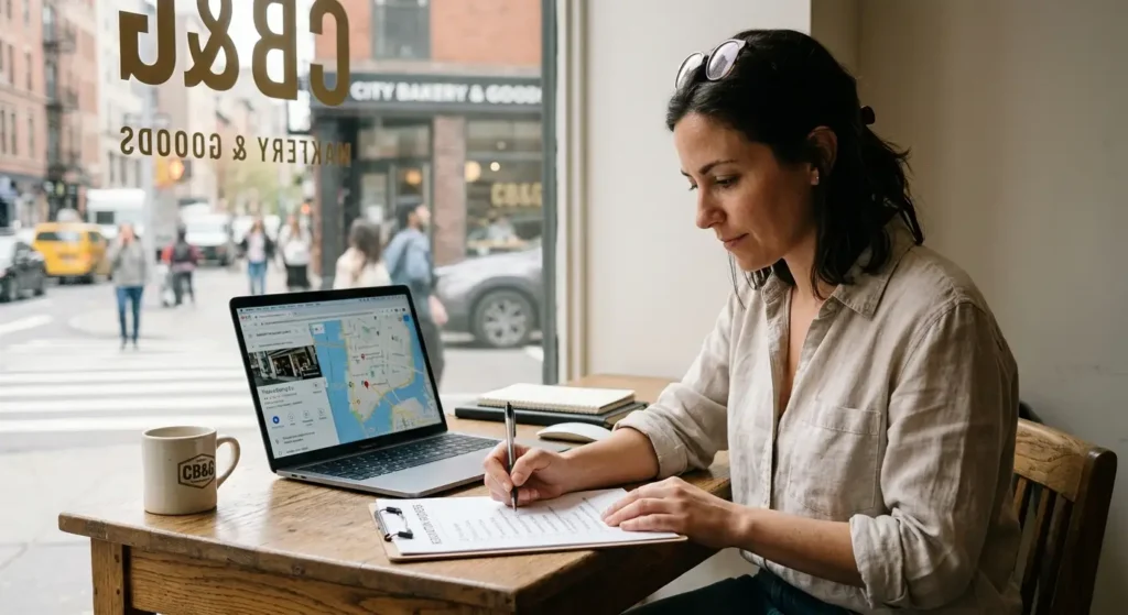 Business owner reviewing a local SEO hiring checklist next to a laptop showing Google Maps results in a New York office