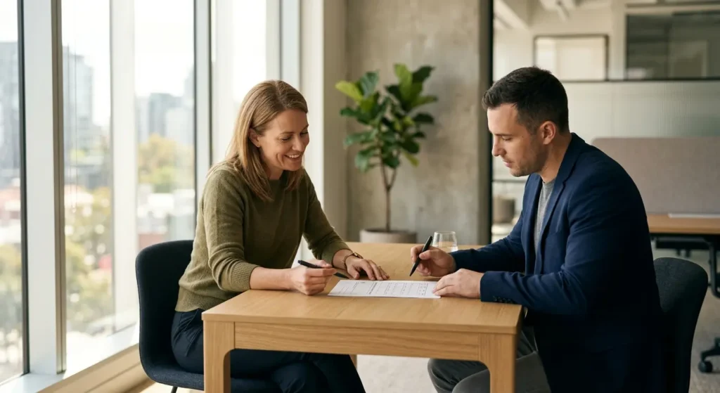 Business owner reviewing vetting questions with a reputation management consultant in an NYC office