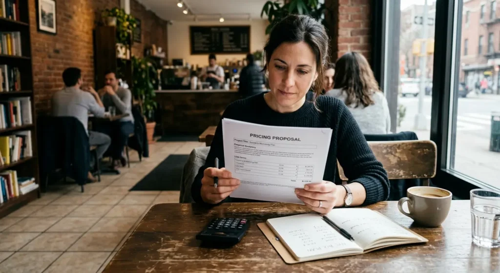 NYC business owner reviewing a reputation management pricing proposal