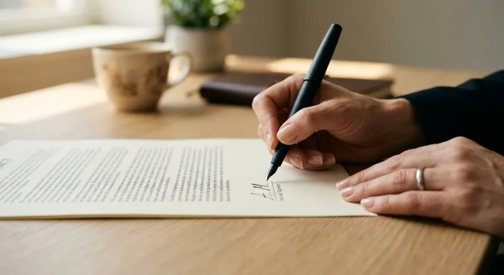 Business owner pausing before signing a reputation management contract