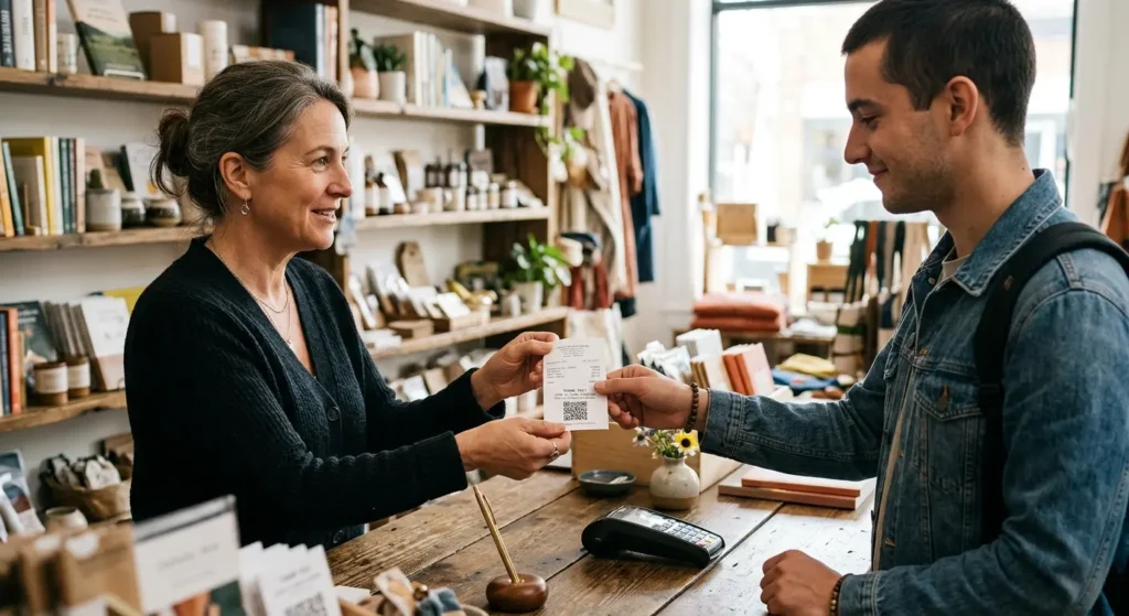 Business owner handing a customer a receipt with a review QR code