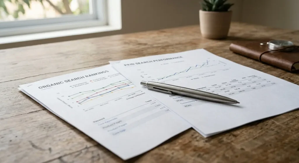 Overlapping paid search and organic search performance charts on a desk, representing PPC and SEO data working together.