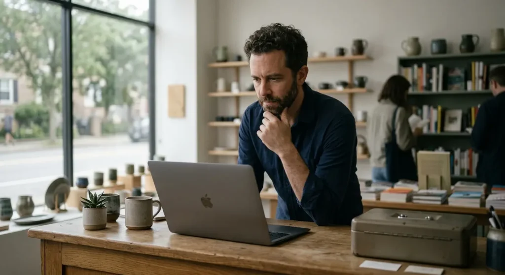 A small business owner checking a suspended Google Ads account on a laptop at their store counter.