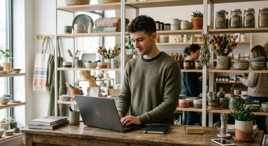 A small business owner actively managing their own Google Ads campaign from their shop.