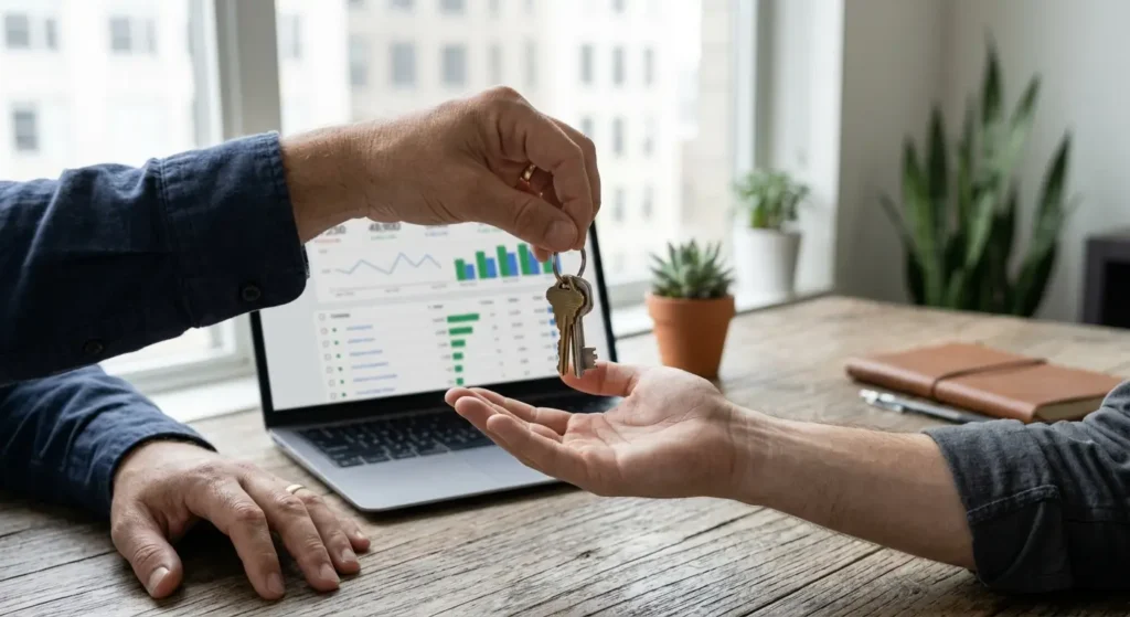 Close-up of keys being handed over at a desk with a Google Ads dashboard visible on a laptop, symbolizing a PPC agency handoff.