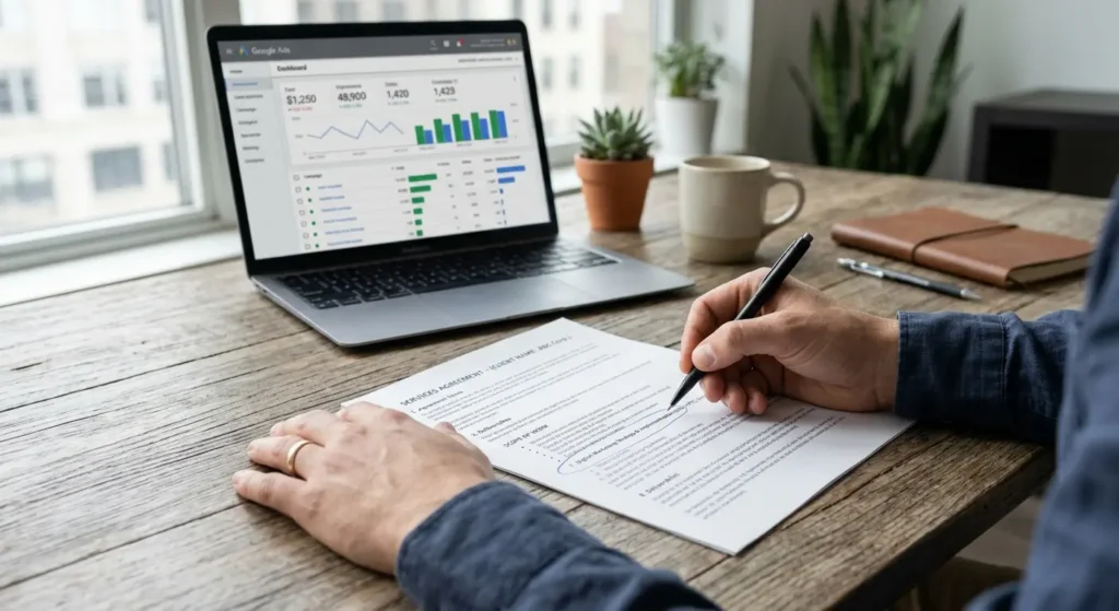 Business owner reviewing a printed PPC management services agreement with a Google Ads dashboard visible on a laptop in the background.