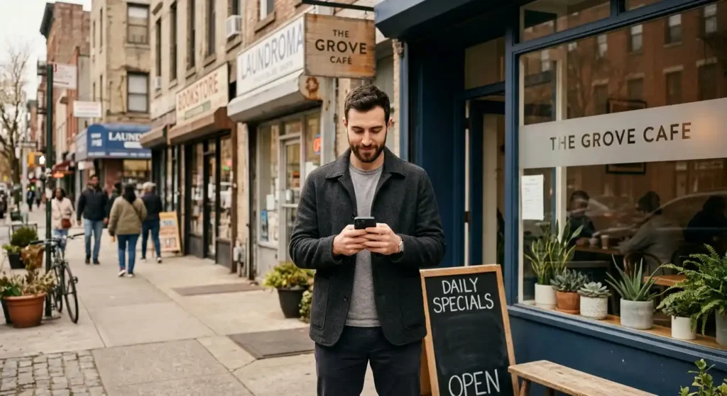 Business owner outside Manhattan checking their Google Business Profile on a smartphone