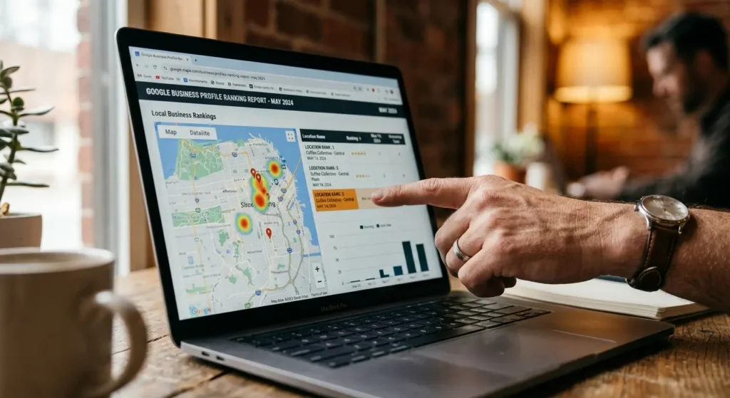 Business owner reviewing a dated local ranking report to verify a local SEO company's claimed results