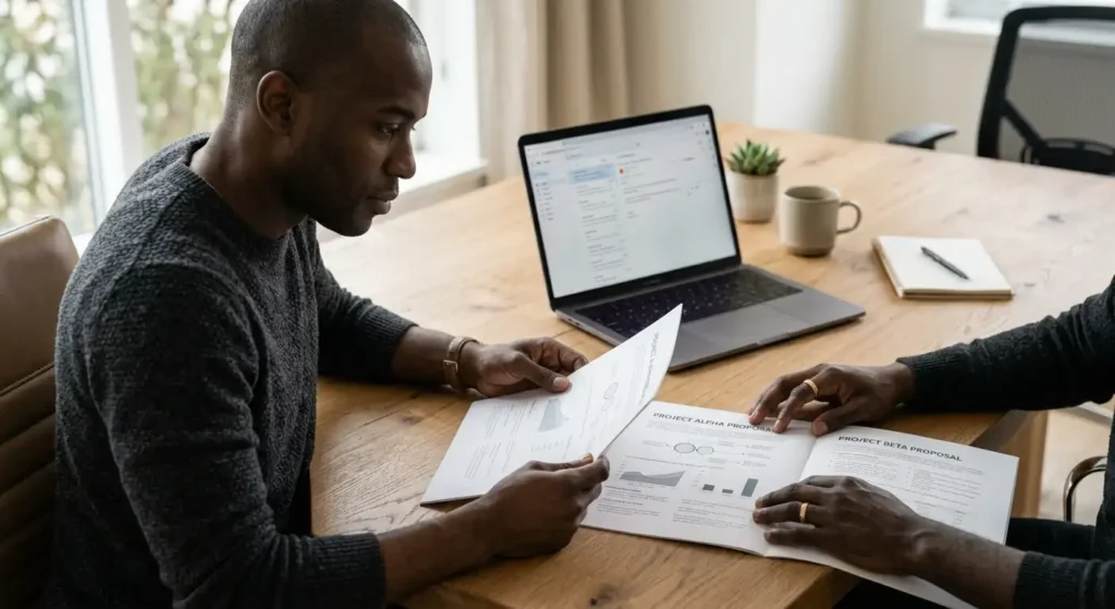 Business owner comparing local SEO pricing model proposals side by side