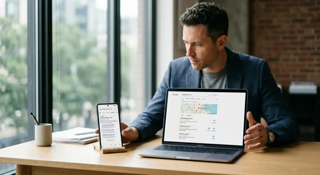 Business owner weighing paid local ads against local SEO for visibility