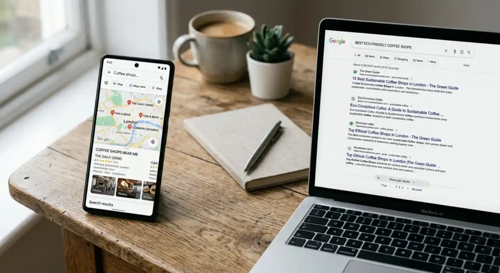Comparison of Google Maps local search results and standard organic website search results